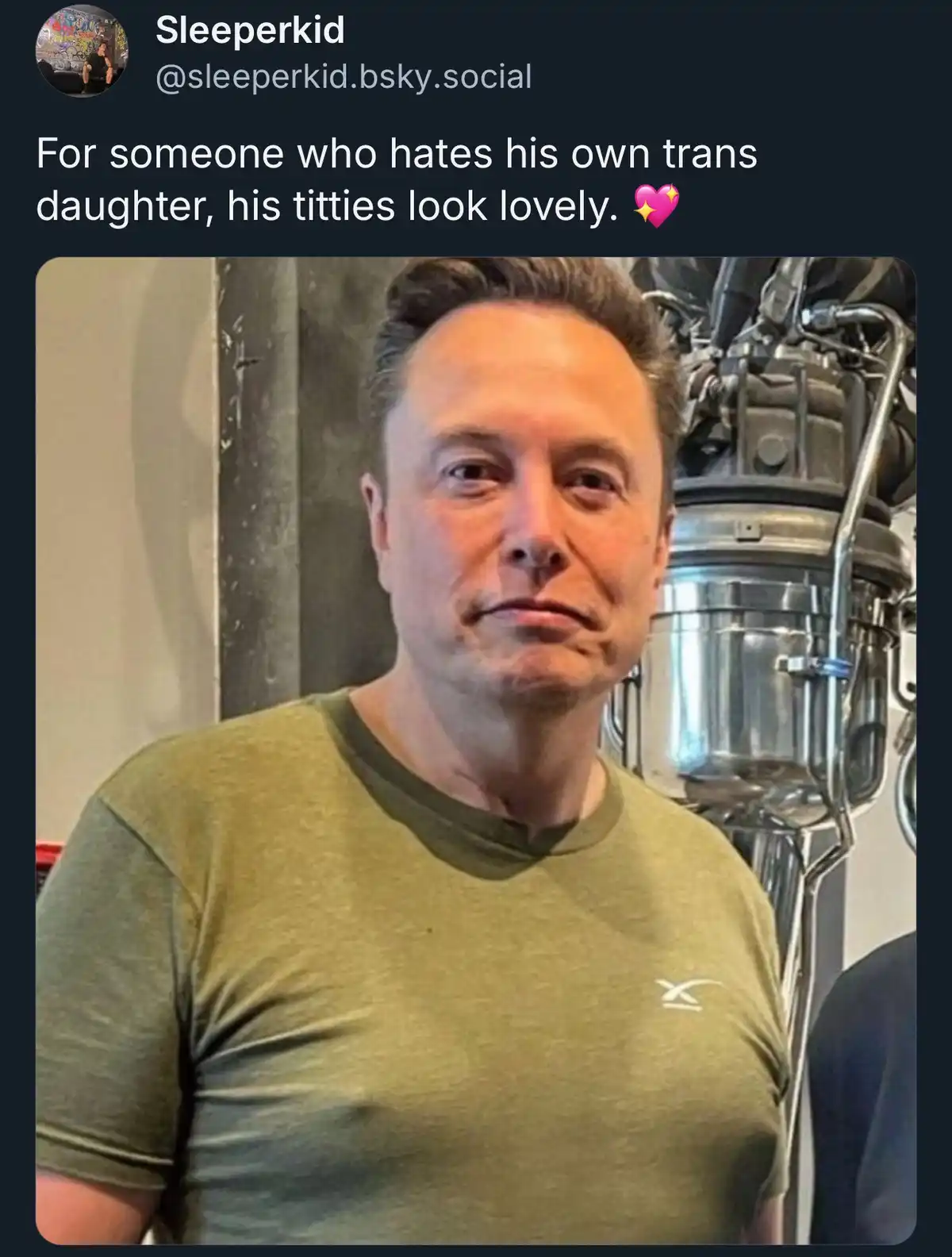 A screenshot of a social media post by 'Sleeperkid' featuring a photo of Elon Musk wearing a green t-shirt. The overlaid…