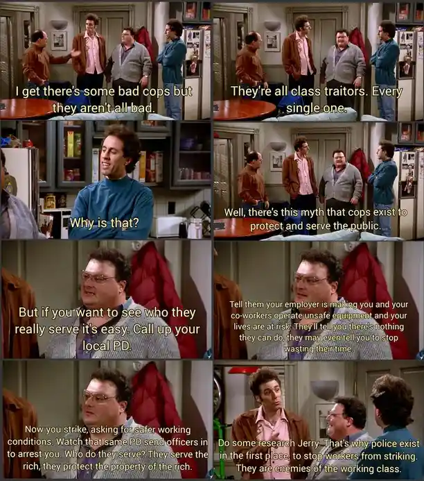 A six-panel meme from the TV show 'Seinfeld' featuring characters discussing police corruption. The dialogue, overlaid in…