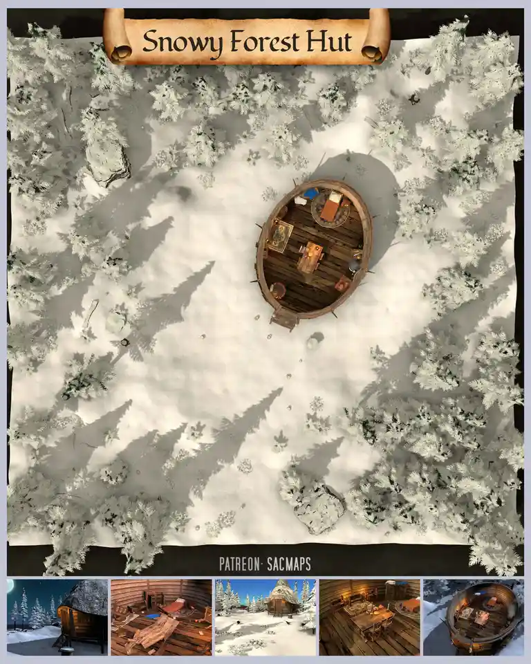 Explore the Snowy Forest Hut with these free DnD/TTRPG maps!