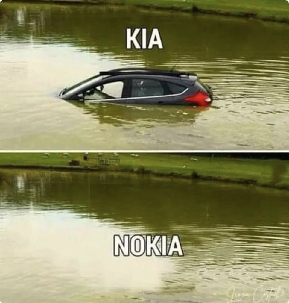 The image is split into two panels. The top panel shows a gray Kia SUV partially submerged in murky water, with only the…