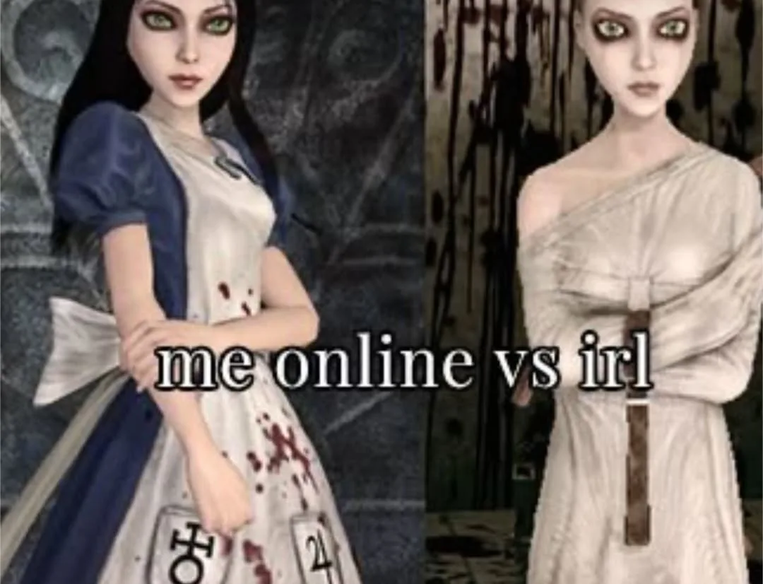 The image shows a split-screen comparison of the same character: on the left, she wears a blue and white dress with blood…