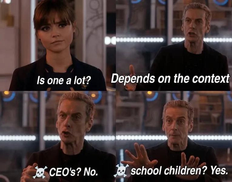 A four-panel meme featuring Jodie Whittaker as the Doctor and Peter Capaldi as the Doctor from Doctor Who. In the top-left…