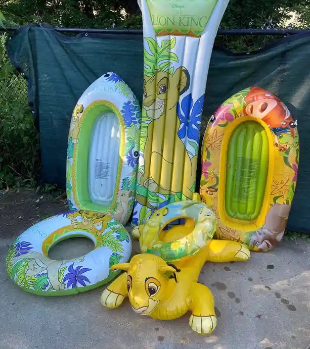 Several inflatable pool toys featuring characters from Disney's The Lion King are arranged on a concrete surface. The toys…