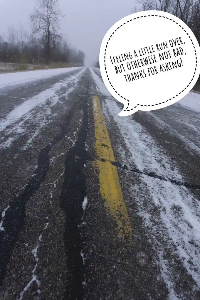 A snowy, cracked road with a yellow center line, overlaid with a speech bubble that reads 'FEELING A LITTLE RUN OVER, BUT…