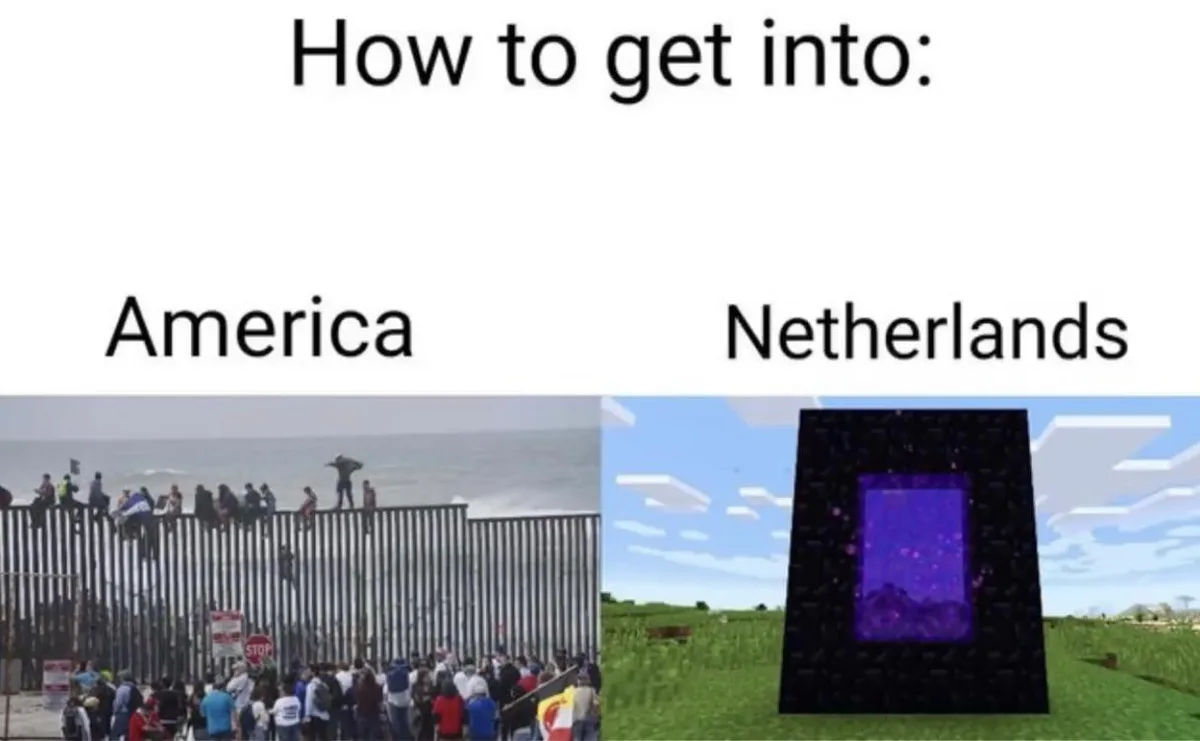 The image is split into two panels. The left panel shows a real-world photo of people climbing a tall metal border fence…