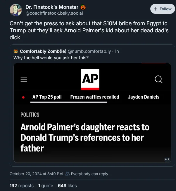 A screenshot of a social media post showing a mock AP news headline: 'Arnold Palmer's daughter reacts to Donald Trump's…