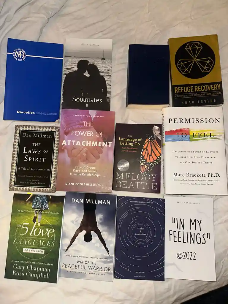 A collection of self-help and recovery books, including 'Narcotics Anonymous', 'Soulmates', 'Refuge Recovery', 'The 5 Love…