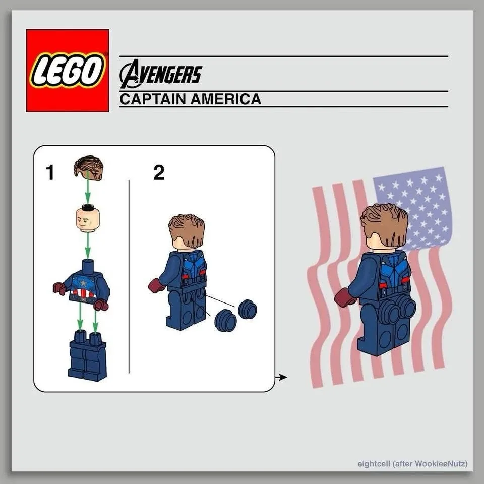 This image mimics a LEGO instruction manual for an Avengers Captain America minifigure, showing steps to assemble the head…