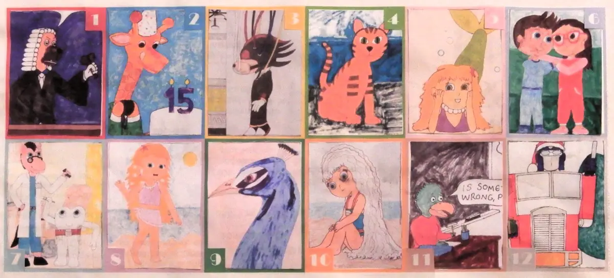 A grid of 12 hand-drawn, colorful cartoon panels, each numbered 1 through 12, depicting various whimsical scenes: a judge, a…