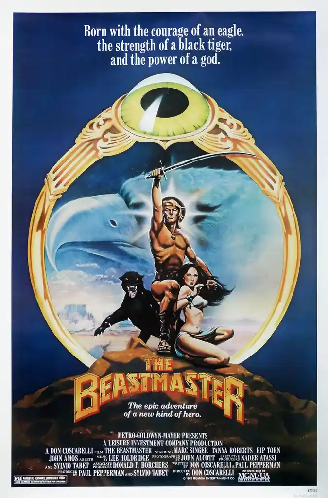 This is a vintage movie poster for 'The Beastmaster' (1982), featuring a muscular man holding a sword, a woman beside him…