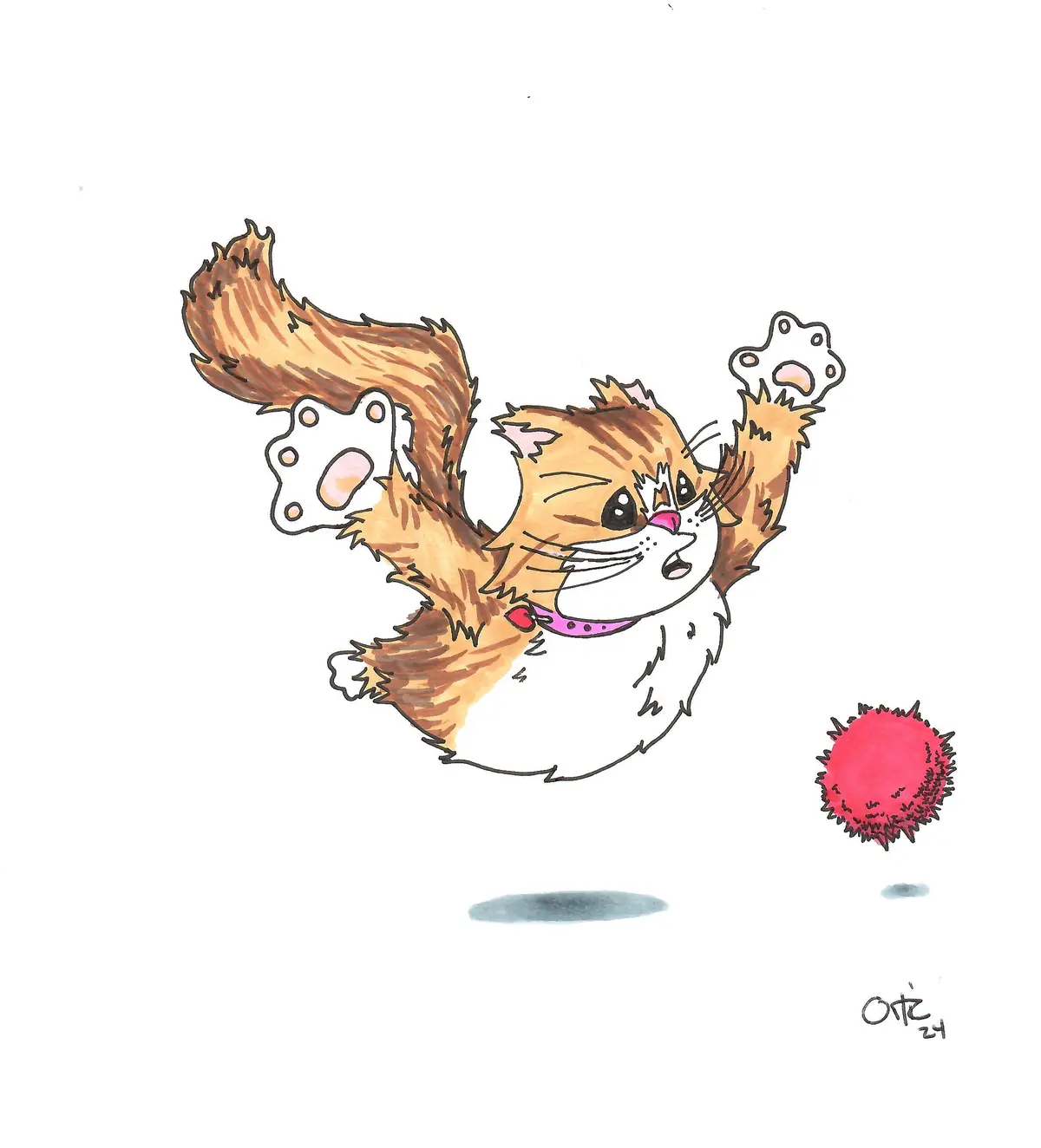 A cartoon drawing of a fluffy orange and white cat leaping enthusiastically with both paws raised, aiming for a small red…