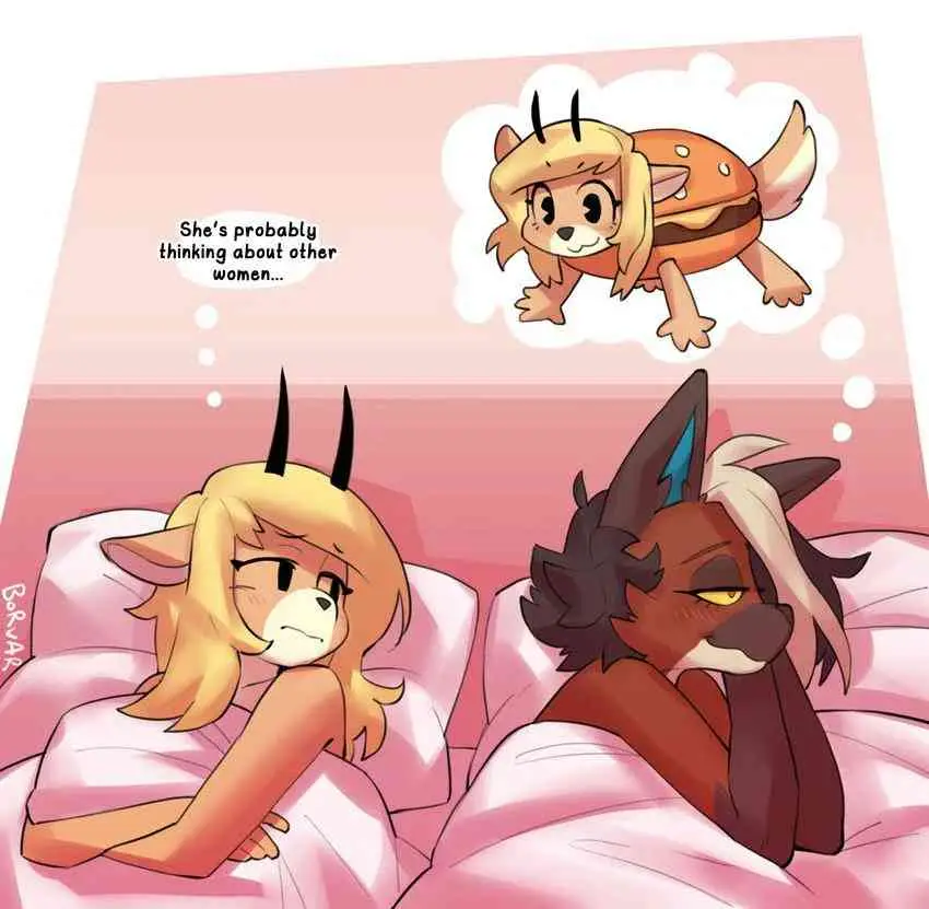 Two anthropomorphic animal characters lie in bed under pink covers; the male character, with dark fur and yellow eyes, has a…