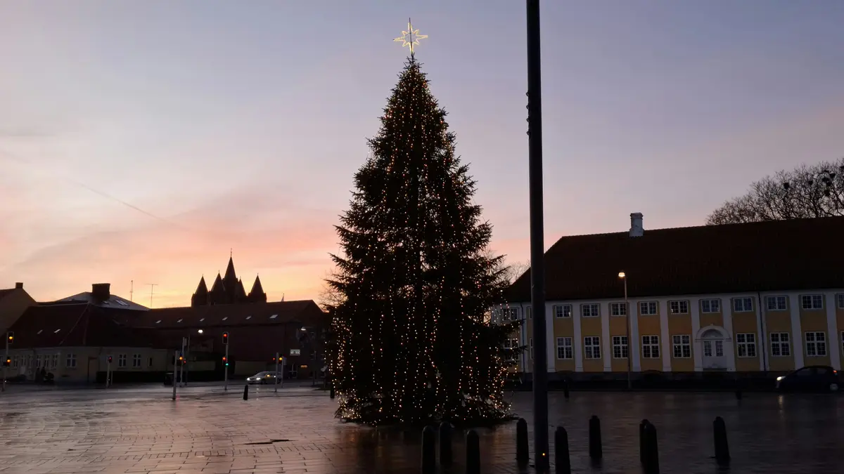 A large, decorated Christmas tree with lights and a star topper stands in a town square at dusk, surrounded by wet pavement…