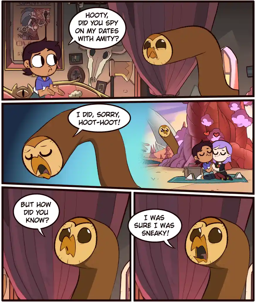 A four-panel comic strip from 'The Owl House' shows a boy asking his owl friend Hooty if he spied on his dates with Amity…