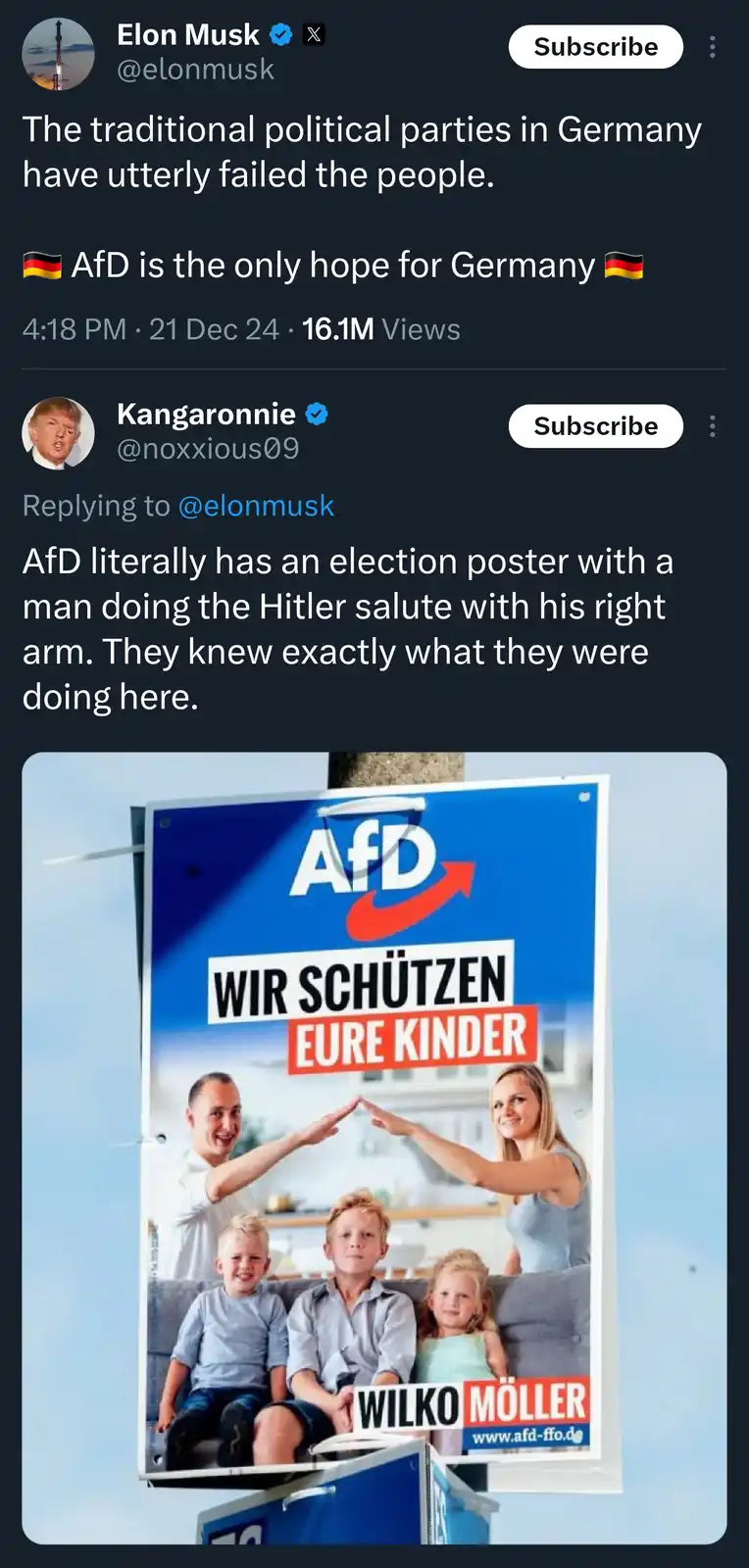 An image of an AfD election poster featuring a smiling family with parents forming a roof shape over their children. The…
