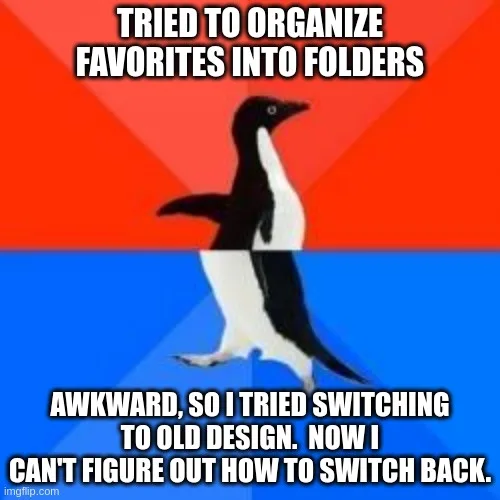 A black-and-white penguin stands centered against a red-and-blue background, with bold white text overlaid. The top text…