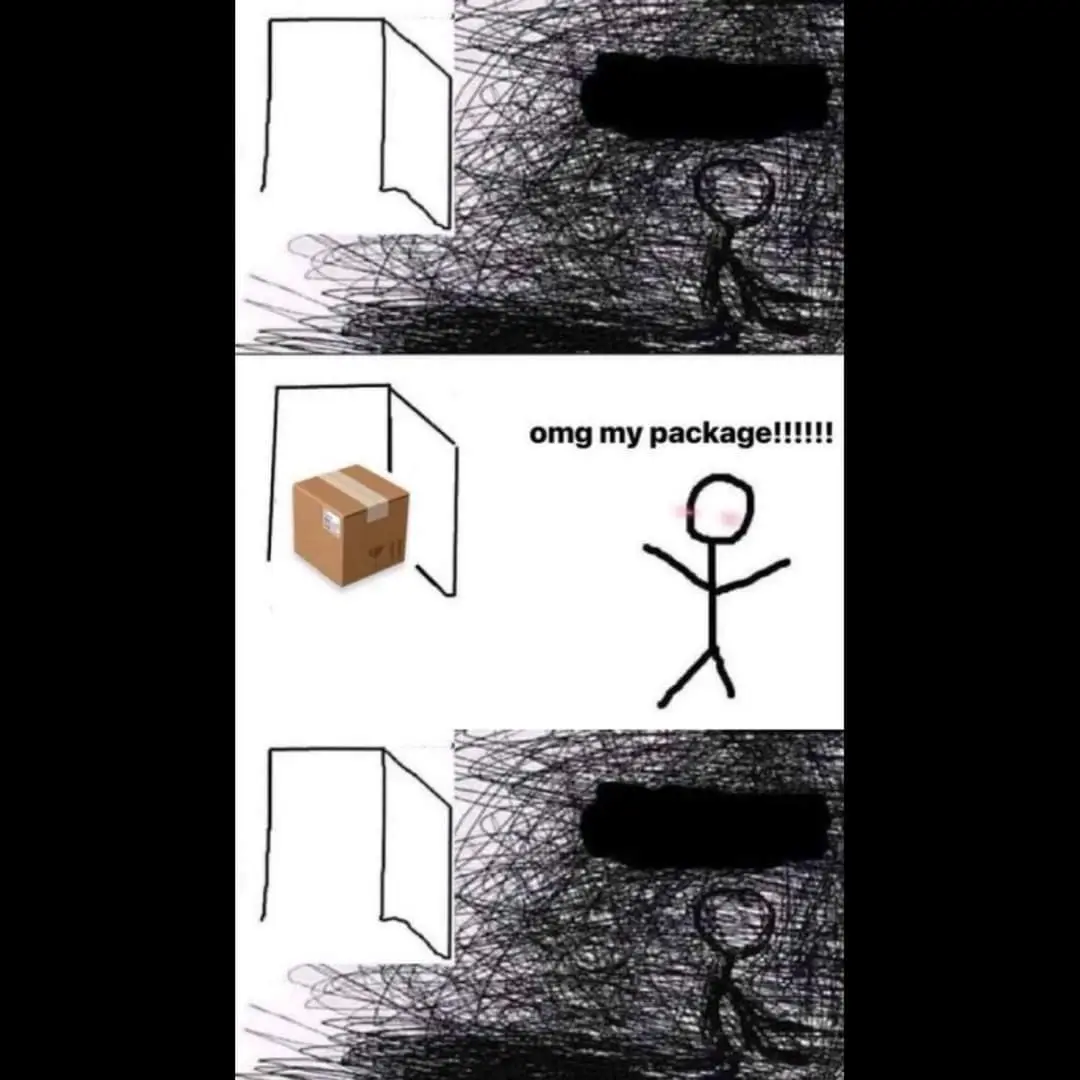 A three-panel comic strip featuring a stick figure. The top and bottom panels show the stick figure in a dark, scribbled…