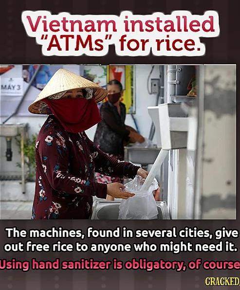 A woman wearing a traditional conical hat and red face covering stands at a white machine dispensing rice into a plastic…