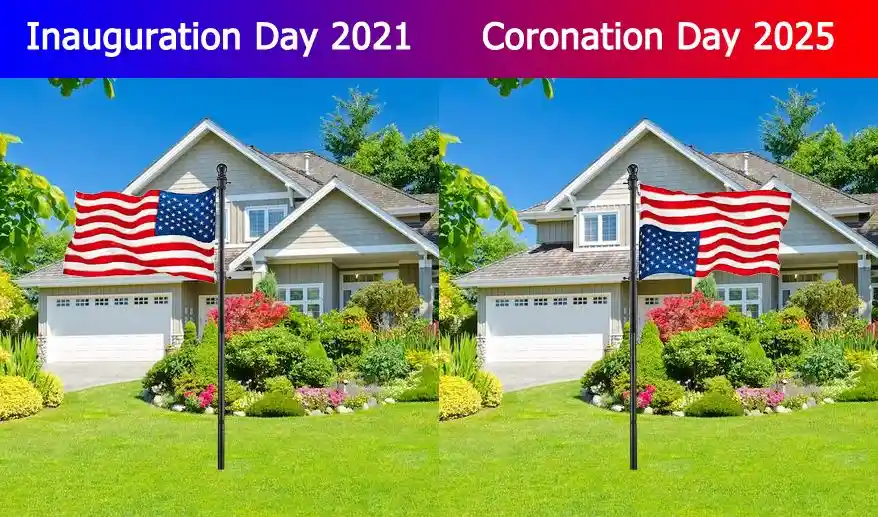 The image displays two side-by-side photos of identical suburban houses with American flags in front yards. The left photo…
