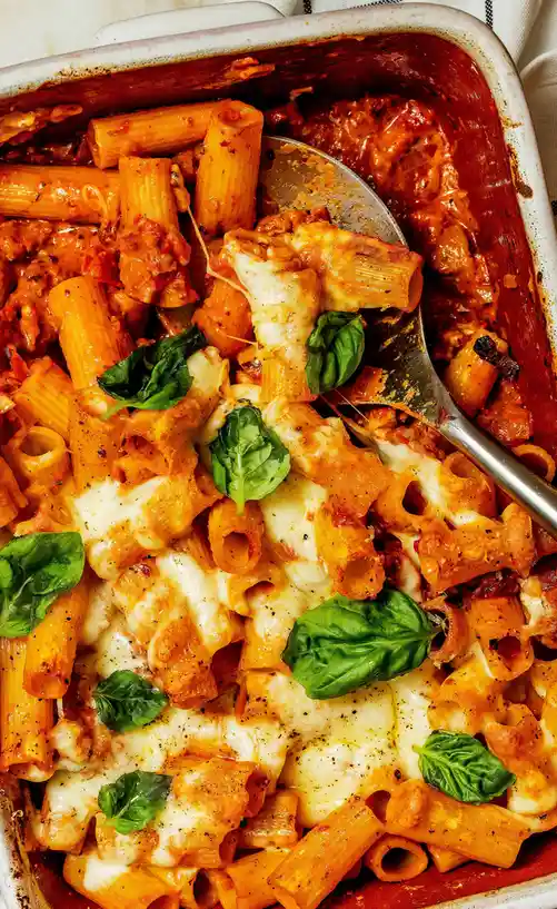 A close-up photo of a white baking dish filled with baked rigatoni pasta, covered in melted cheese, tomato sauce, and fresh…