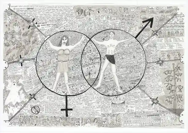 A dense, hand-drawn black-and-white illustration depicts a man and woman standing in large circles, surrounded by chaotic…