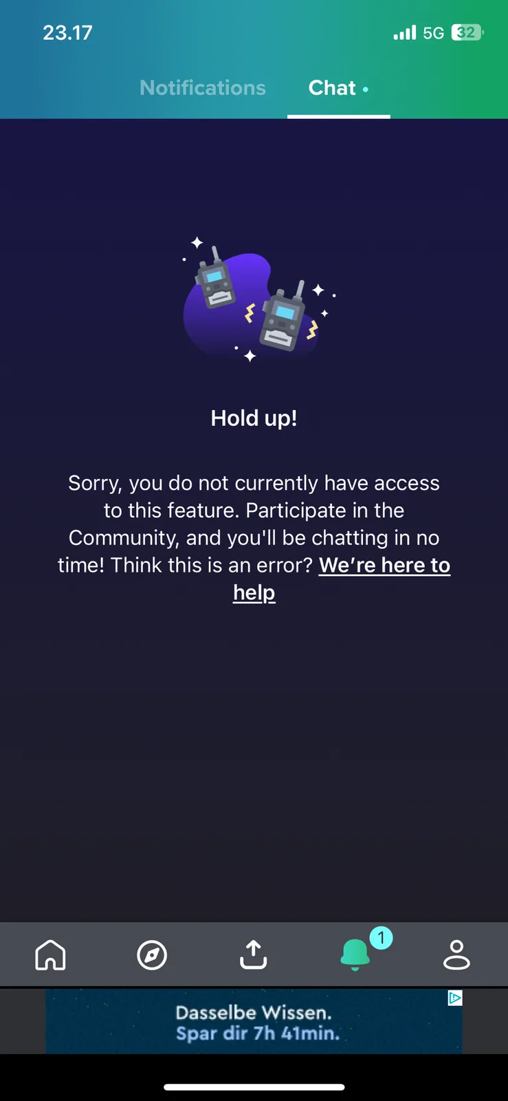 A smartphone screenshot shows a chat app interface with a 'Hold up!' error message. Two cartoon walkie-talkies are…