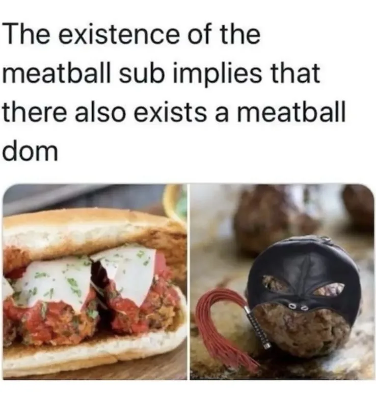 The image is split into two panels. The left panel shows a close-up of a meatball sub with sauce, cheese, and herbs on a…