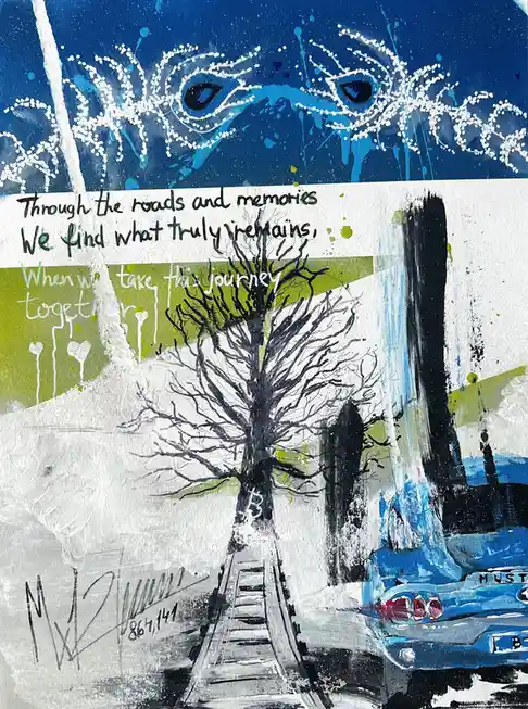 An abstract painting features a blue sky with white-painted eyes, a bare tree, a blue car, and a path. Overlaid text reads…