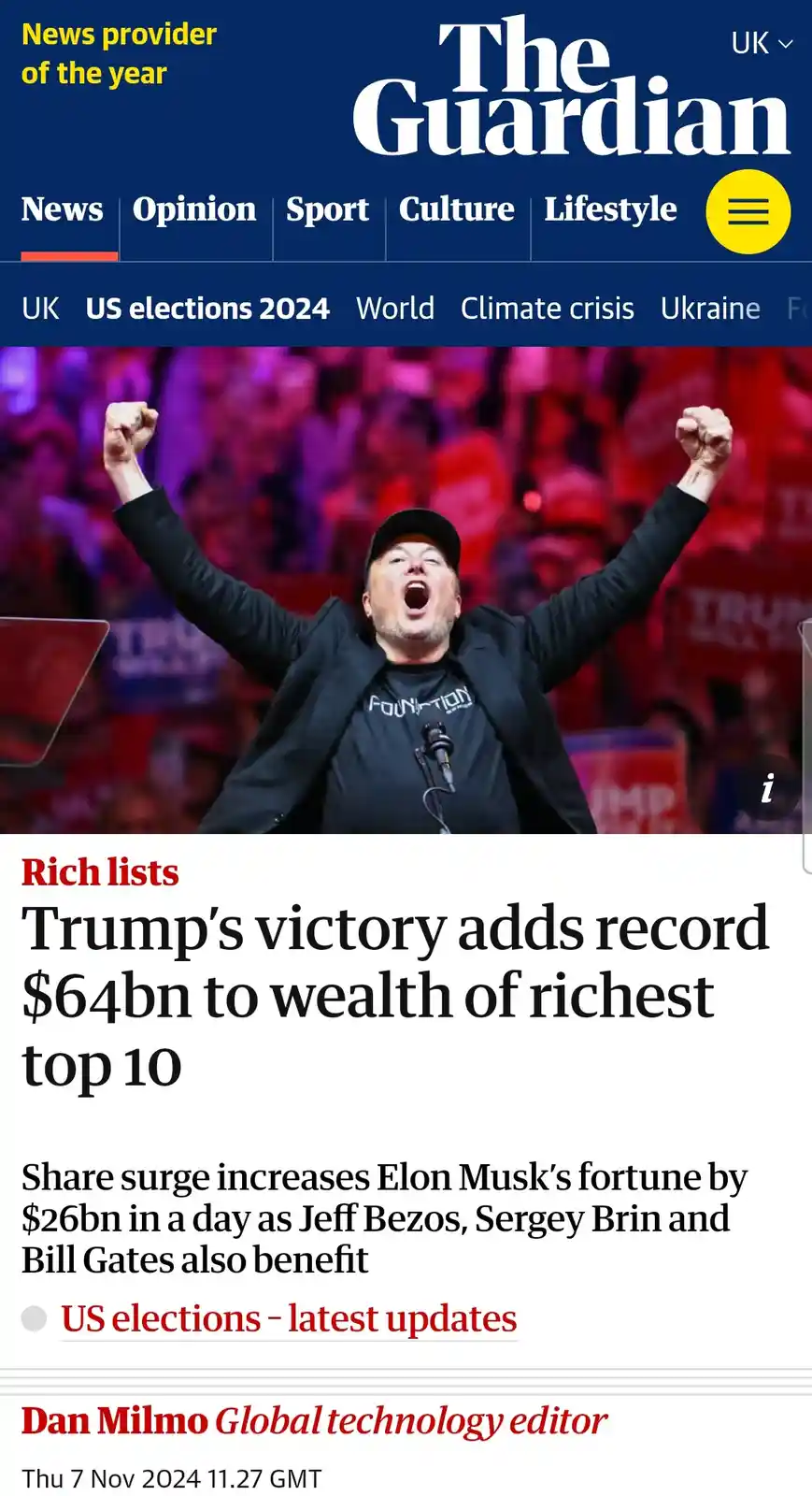 A screenshot of The Guardian's news article shows a man with arms raised in triumph, wearing a black cap and jacket over a…