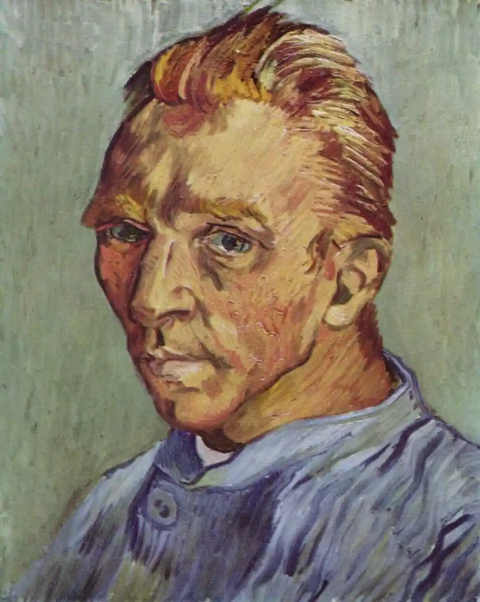 A self-portrait painting of Vincent van Gogh with thick, textured brushstrokes, showing him with reddish-brown hair, a blue…