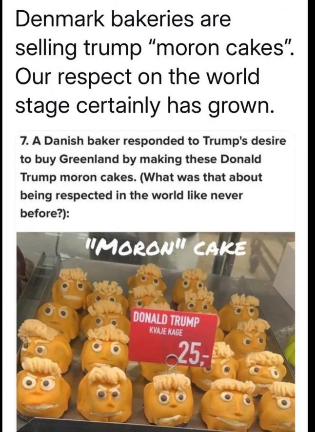 A display case shows numerous yellow, round cakes shaped like Donald Trump's face, complete with molded hair, eyes, and a…