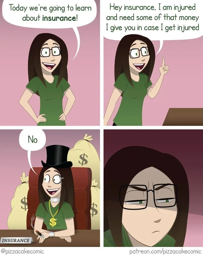 A four-panel comic shows a woman excitedly learning about insurance, then jokingly asking the 'insurance' entity for money…