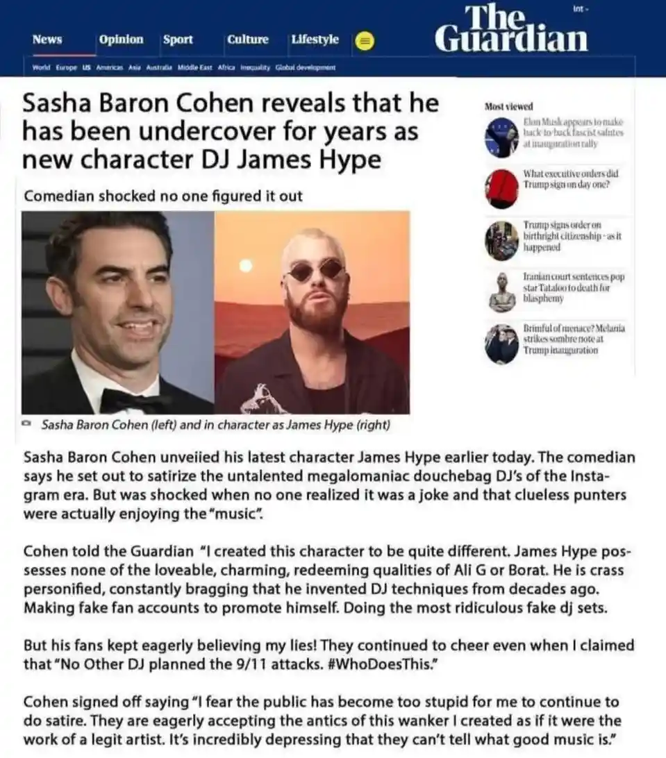 A screenshot of a The Guardian news article shows a side-by-side photo of comedian Sasha Baron Cohen (left, in a tuxedo) and…