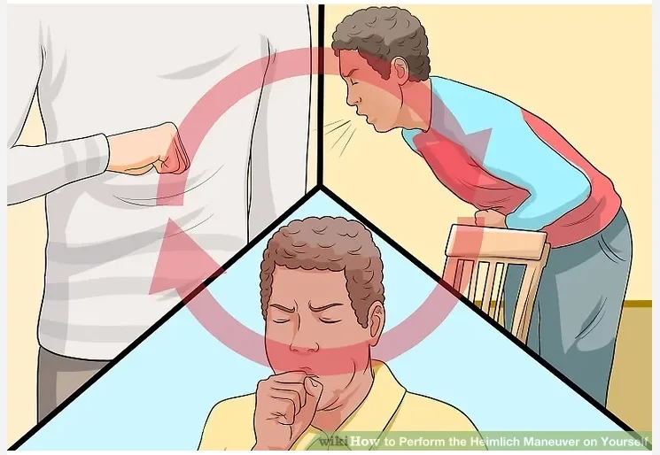 The image shows a three-panel diagram illustrating how to perform the Heimlich maneuver on oneself. The top-left panel shows…