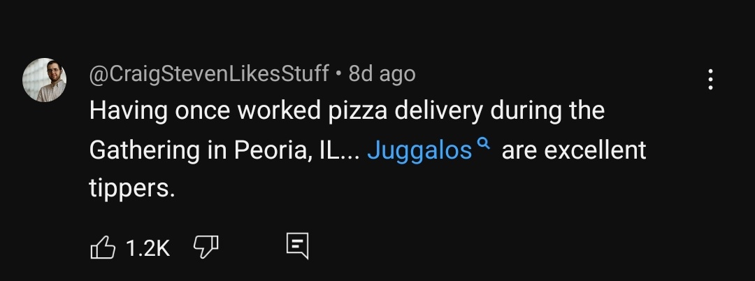 A screenshot of a tweet from @CraigStevenLikesStuff posted 8 days ago, which reads: 'Having once worked pizza delivery…