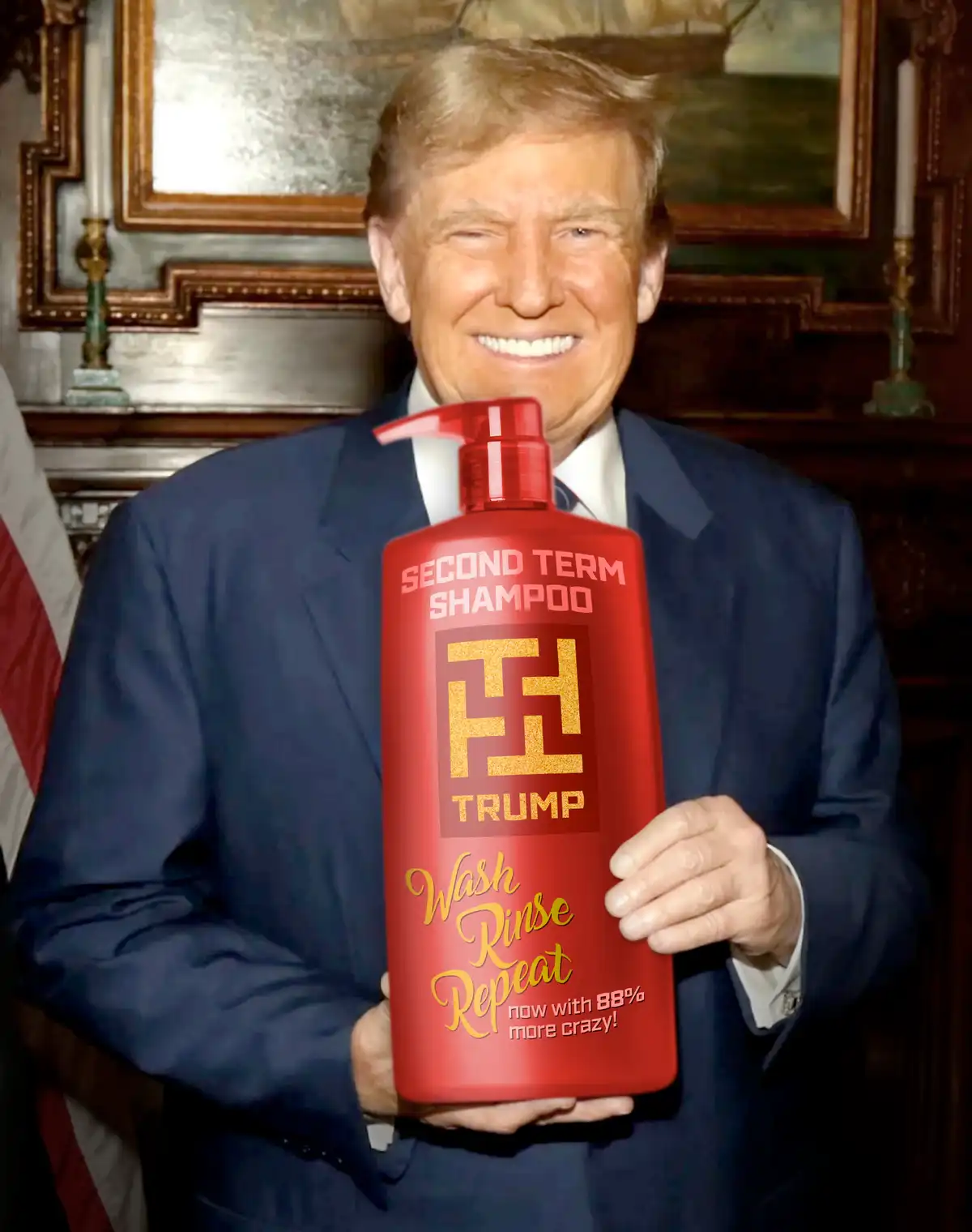 A man in a suit holds a large red shampoo bottle labeled 'SECOND TERM SHAMPOO' with a 'TRUMP' logo and the phrase 'Wash…