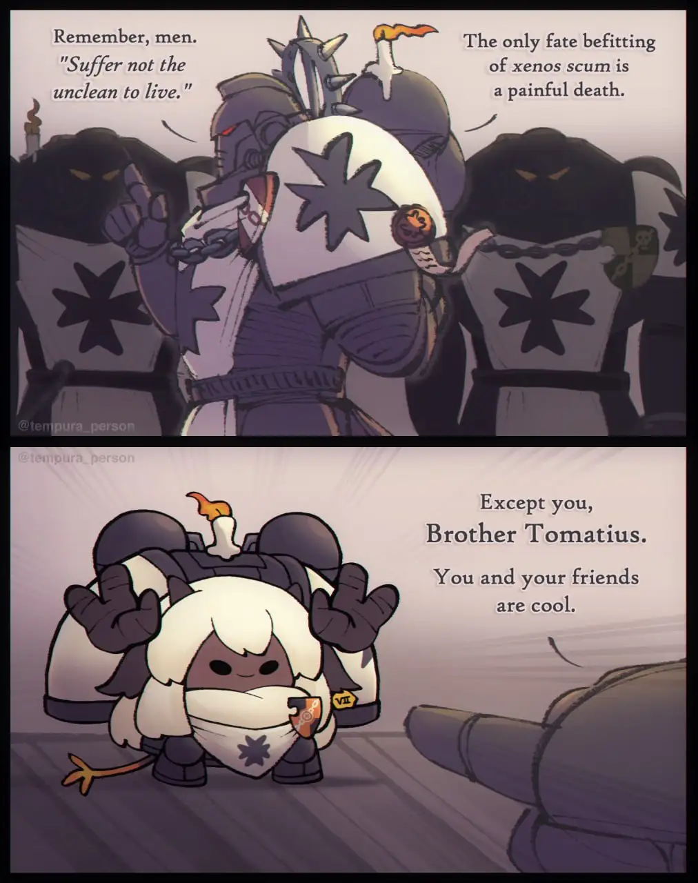 The top panel shows stern, armored warriors with black star emblems on their white armor, delivering a harsh decree about…
