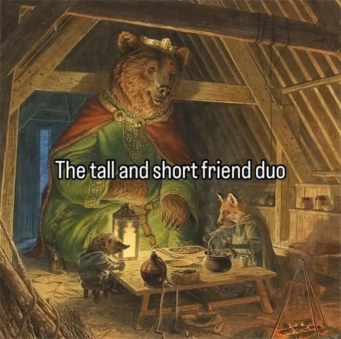 A classical painting depicts a large bear wearing a crown and green robe sitting at a wooden table with a small fox and a…