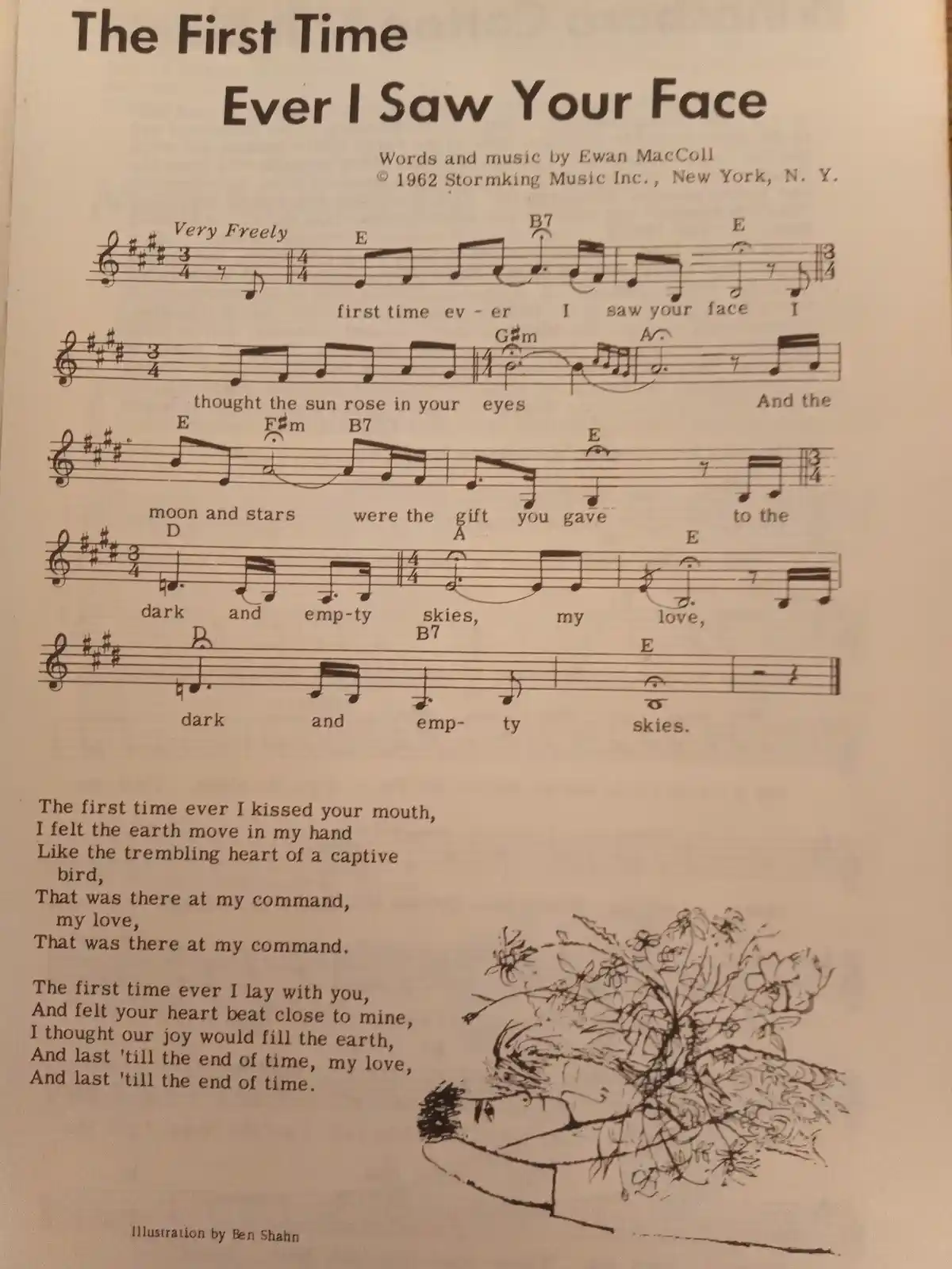A scanned sheet music page for the song 'The First Time Ever I Saw Your Face' by Ewan MacColl, showing musical notation…