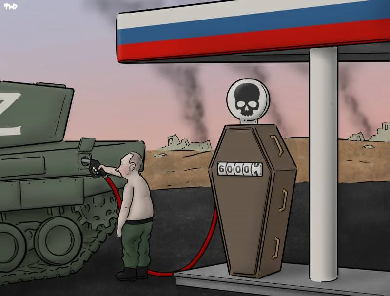 A cartoon depicts a shirtless man pumping fuel from a coffin-shaped gas pump into a military tank under a Russian flag…