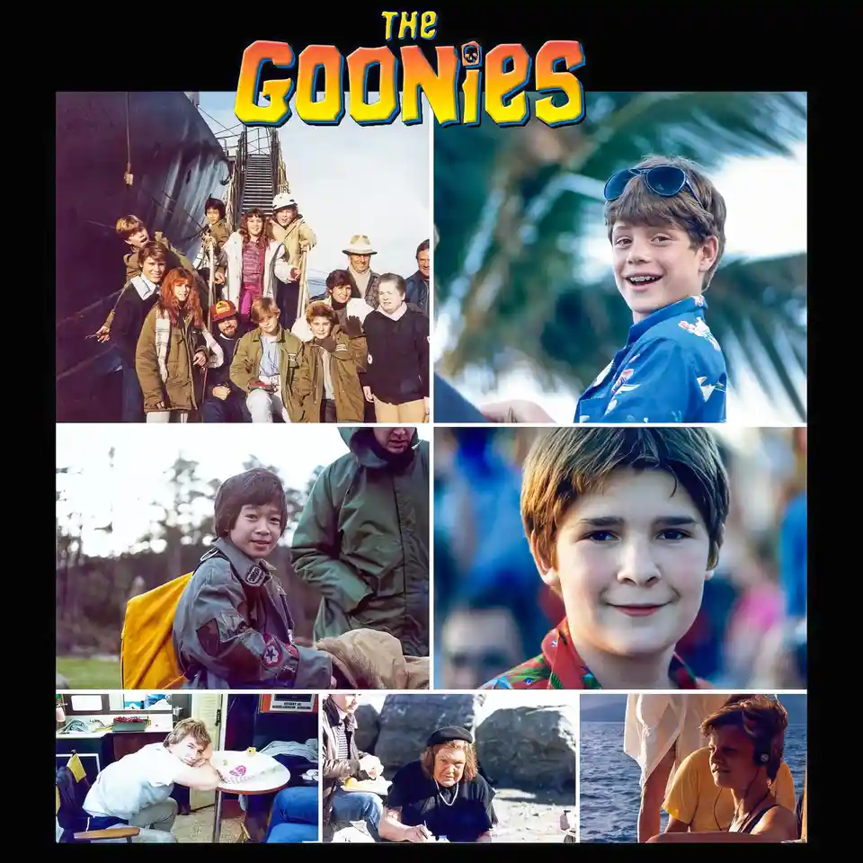 A collage of stills from the 1985 film 'The Goonies,' featuring the main cast in various scenes: a group photo on a ship's…