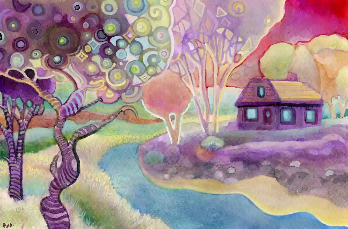 A colorful, abstract watercolor painting depicts a whimsical landscape with stylized trees, a winding river, and a small…