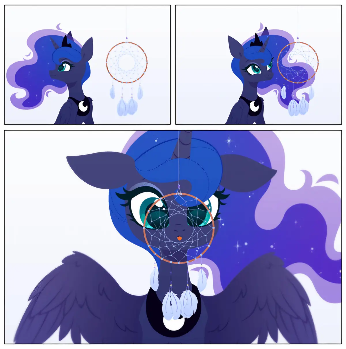 A three-panel comic shows a dark blue pony with purple mane and wings looking at a dreamcatcher. In the first panel, the…