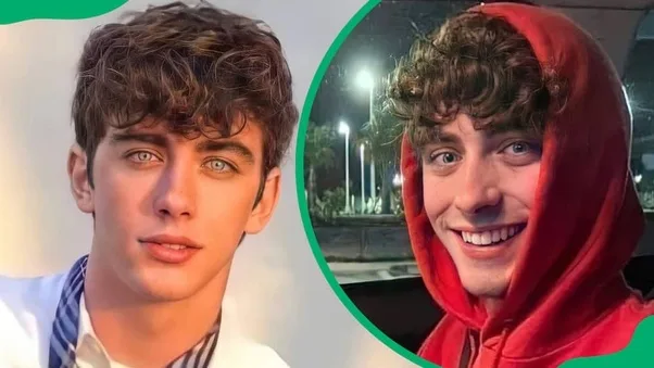 The image displays two side-by-side photos of the same young man: on the left, a professionally lit, clean-shaven portrait…