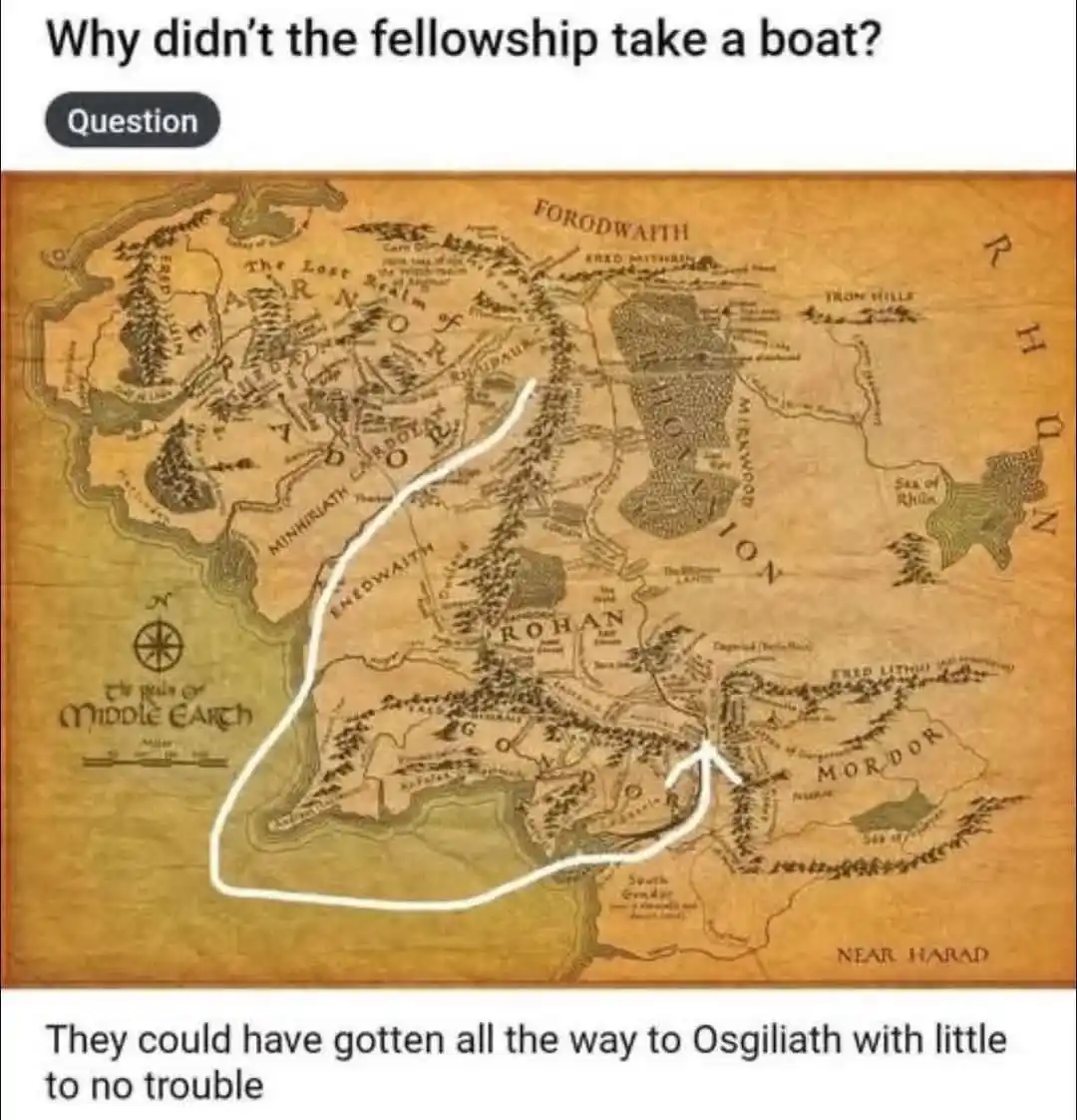 An old-style map of Middle Earth shows a white line tracing a coastal route from the northwest to the southeast, ending near…