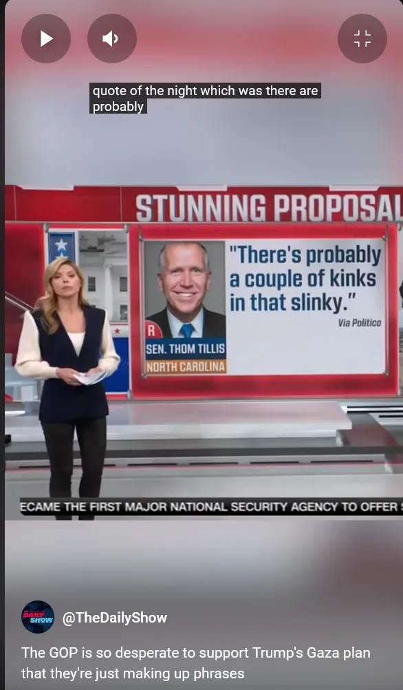A news anchor stands in front of a screen displaying a photo of Senator Thom Tillis with the overlaid quote 'There's…
