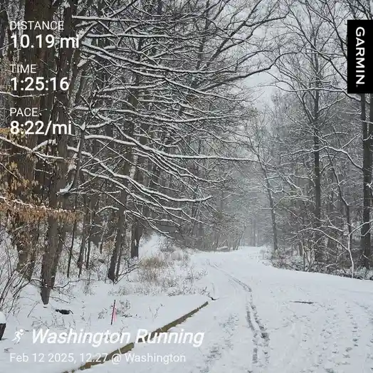 A snowy forest trail with bare trees covered in snow, overlaid with a Garmin fitness tracker screenshot showing a 10.19-mile…
