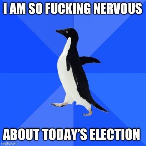 A black-and-white penguin stands upright against a blue background with diagonal lines. The text overlaid in bold white…