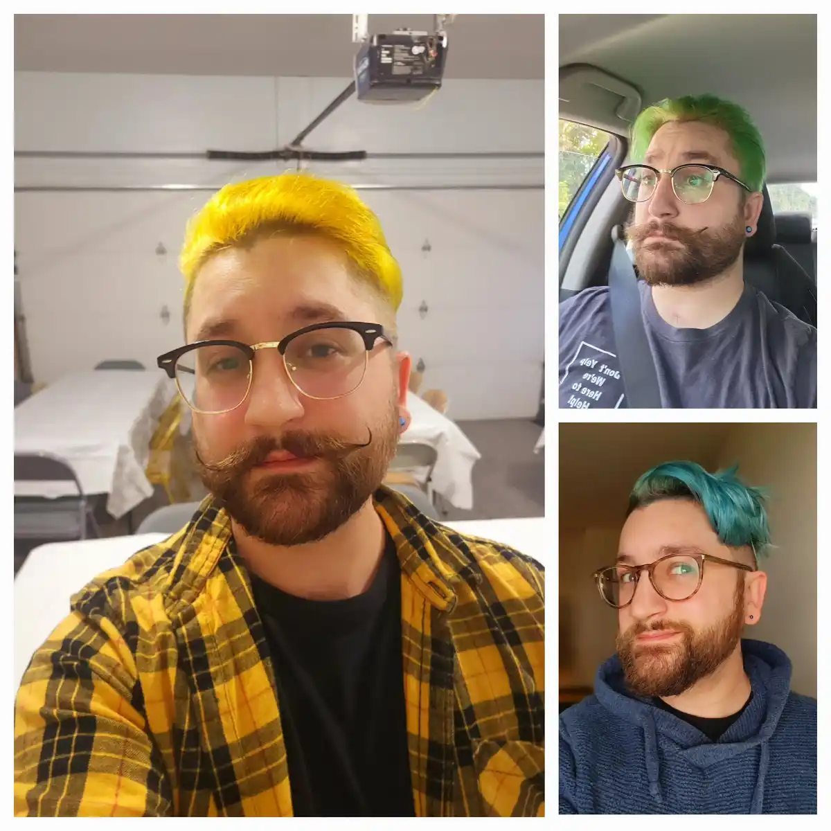 A collage of three photos of the same man with different brightly colored hair—yellow, green, and blue—each time sporting a…