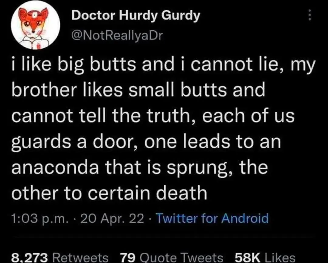 A screenshot of a tweet from a user named 'Doctor Hurdy Gurdy' with a cartoon fox profile picture. The tweet text reads: 'i…